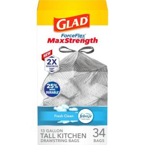 imageGlad ForceFlex MaxStrength Kitchen Drawstring Trash Bags 20 Gal Fresh Clean 80 Ct Pack May Vary13 Gallon Febreze Fresh Clean