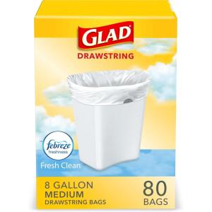 imageGlad Medium Drawstring Trash Bags with Clorox 8 Gal Lemon Fresh Bleach 80 Ct Package May VaryFebreze Fresh Clean