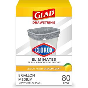 imageGlad Medium Drawstring Trash Bags with Clorox 8 Gal Lemon Fresh Bleach 80 Ct Package May VaryLemon