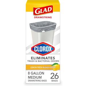 imageGlad Medium Drawstring Trash Bags with Clorox 8 Gal Lemon Fresh Bleach 80 Ct Package May VaryLemon Fresh Bleach