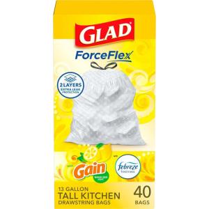 imageGlad Stainless Steel Step Trash Can with Clorox Odor Protection Metal Garbage Bin 13 Gallon ampamp Glad Tall Kitchen Drawstring Trash Bags Odorshield 13 Gallon White Febreze Fresh Clean 110 Count BundleGain Lemon Zest