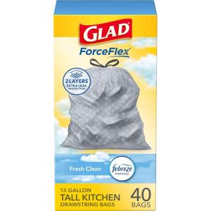 imageGlad Stainless Steel Step Trash Can with Clorox Odor Protection Metal Garbage Bin 13 Gallon ampamp Glad Tall Kitchen Drawstring Trash Bags Odorshield 13 Gallon White Febreze Fresh Clean 110 Count BundleFebreze Fresh Clean