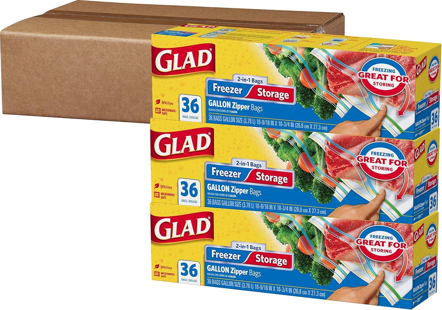 imageGLAD Food Storage and Freezer Bags 2 in 1 Gallon Plastic Bags for Lasting Freshness Microwave Safe BPA Free 36 Count Pack of 3Transparent