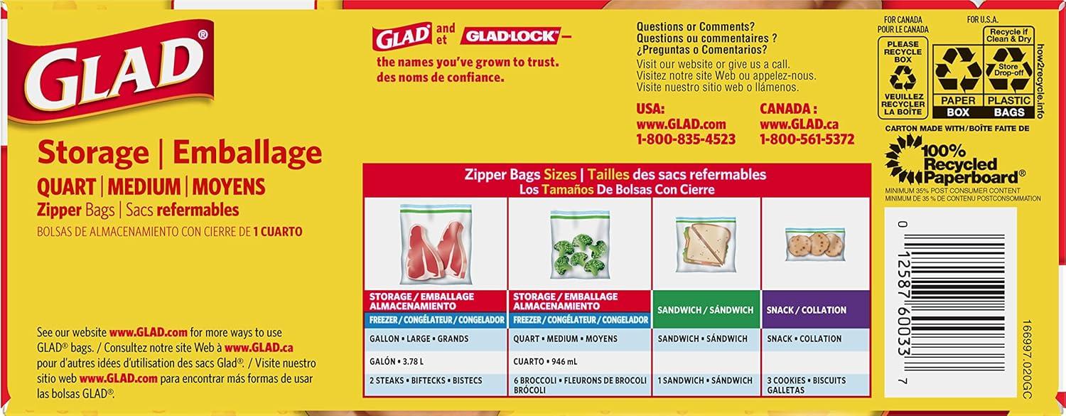 imageGlad Zipper Food Storage Plastic Bags  Quart  50 Count Pack of 4