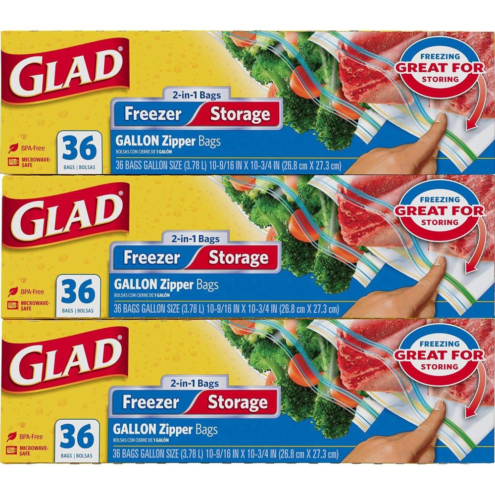 imageGLAD Food Storage and Freezer Bags 2 in 1 Gallon Plastic Bags for Lasting Freshness Microwave Safe BPA Free 36 Count Pack of 3Transparent