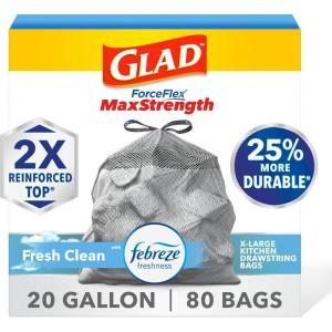image:imageGlad ForceFlex MaxStrength Drawstring XL Kitchen Trash Bags 20 Gal Gain 80 Ct Package May VaryFresh Clean